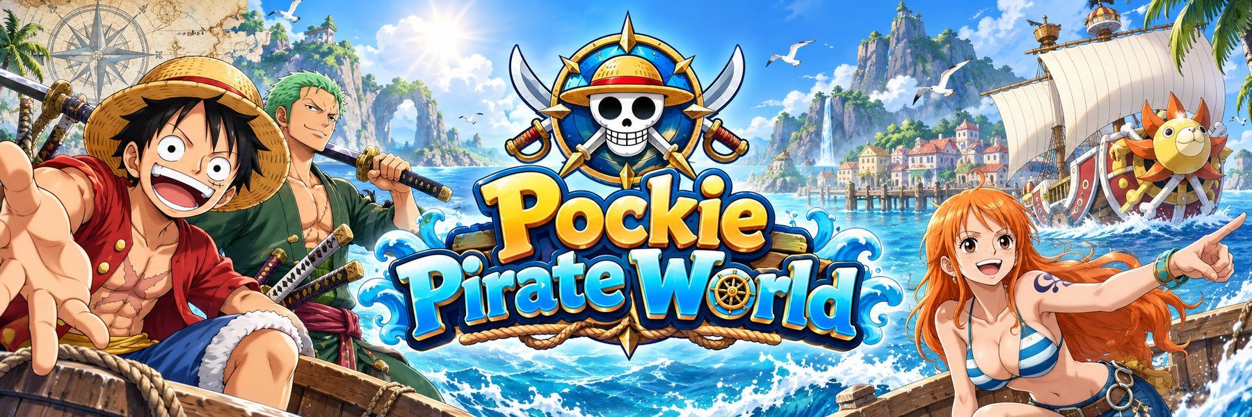 A pirate crew sails toward a sunlit island harbor in Pockie Pirate World.